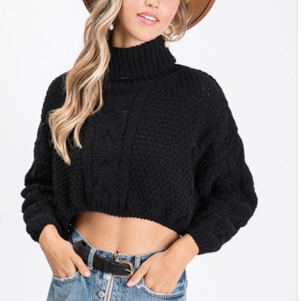 Cable knit crop sweater top black Large